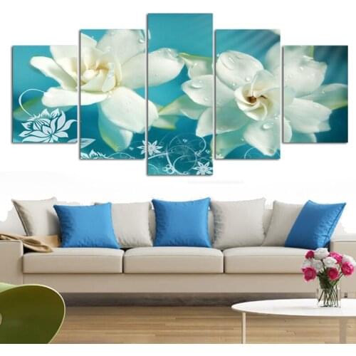 5 Pcs blue orchid flowers Print modern home decor wall art picture oil Painting on canvas for Living room(No Frame)