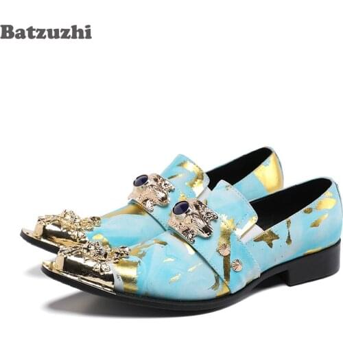 Batzuzhi New Designer Fashion Mens Shoes Personality Metal Tip Genuine Leather Dress Shoes Men for Business, Party and Wedding