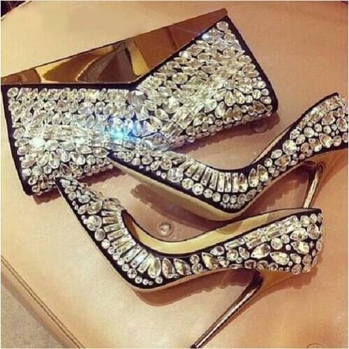 Glitter Rhinestone Wedding Pumps Golden Plated High Heels Crystal Embellished Shoes Bling Bridal High Heels Woman shoes