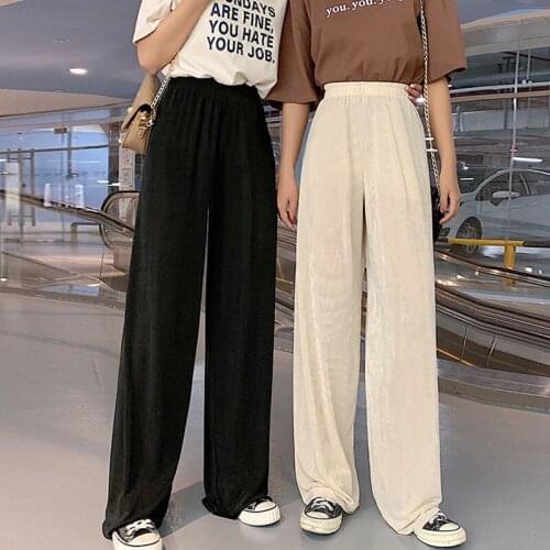 Summer Women Wide Leg Long Pants Stretch Knitted Cool Elastic Waist Thin Loose Straight Trousers Multi-size Female Pantalon