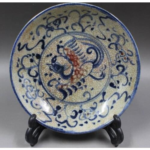 Chinese Old Marked Underglaze Blue And Red Phoenix Pattern Porcelain Plate