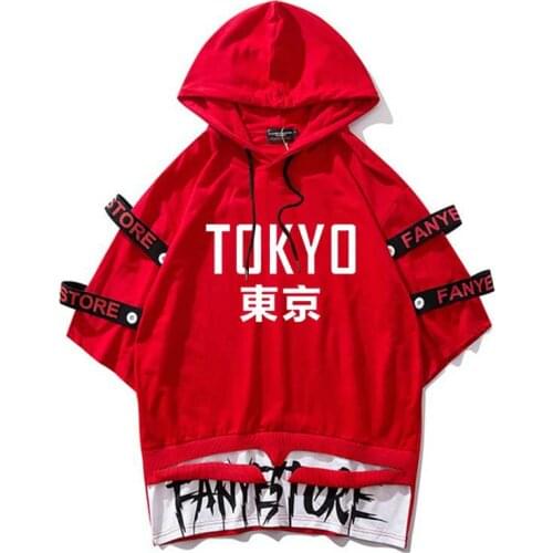 Tokyo Ribbon T Shirts Hooded Short Sleeve tshirts Oversize top tees Streetwear skate homme tees wholesale hip hop men clothes