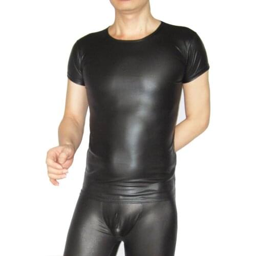 Faux PU Leather Short Sleeve O-neck Tshirt Fitness Bodycon Body Shaper Shirt Sexy Clubwear Bodybuilding Tops Mens Stage Costume