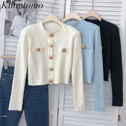 Kimutomo Fake Pocket Cardigans Women 2021 Autumn Korean Round Neck Single-breasted Long Sleeve Short Knitted Top Elegant