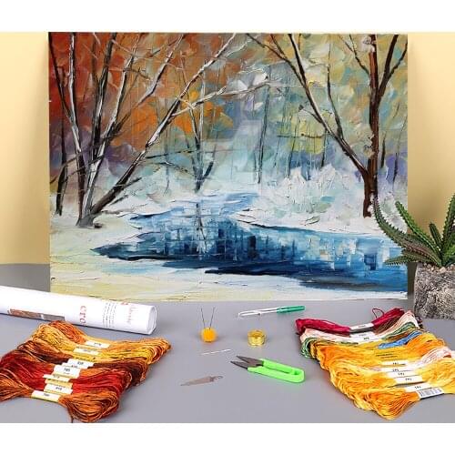 Oil Painting Style Winter Printed Water-Soluble Canvas 11CT Cross-Stitch Full Kit DIY Embroidery DMC Threads Craft Decor