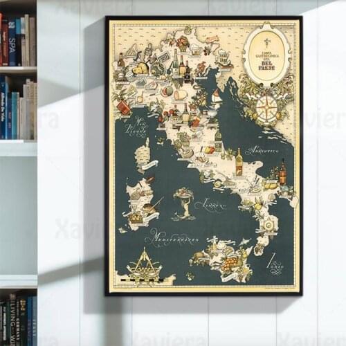 Retro Canvas Painting Italy Food Navigation Adventure Map Europe Ocean Poster Wall Decor Bedroom Living Room Mural Frameless