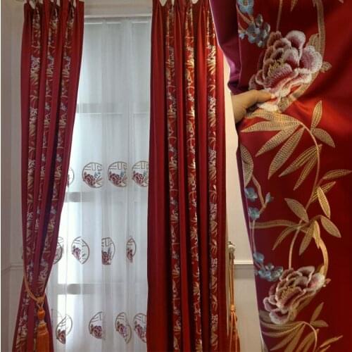 Brand Custom Retro Red Blackout Curtain Panels Living Room Red Sheer Curtains Joyous Wedding Flower Embroidery Curtains Fabric