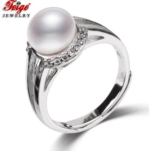 Trendy Design 2 Colors 8-9mm Natural Freshwater Cultured Pearl Rings for Women Rhinestone Ring Fine Jewelry Dropshipping FEIGE