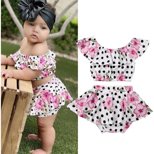 2PCS Toddler Baby Girl Clothes Sets Flower Dot Tops Crop Tutu Shorts Outfits Sunsuit 0-3Y
