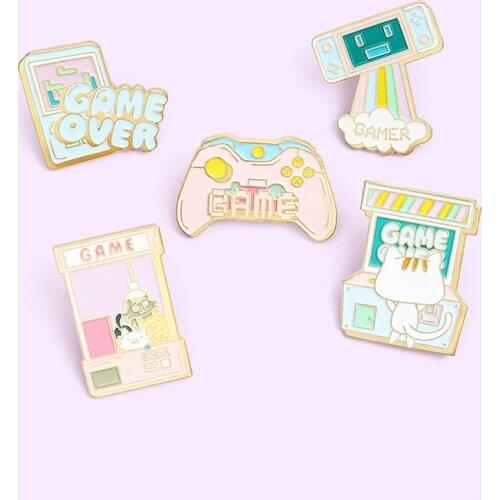 Cat Rainbow Game Machine Enamel Pin Pink Pretty Brooch Bag Clothes Lapel Pin Sasha Away Badge Cartoon Jewelry Gift For Kids