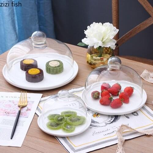 Creative Transparent Glass Ceramic Cake Pan with Lid Home Dessert Pastry Display Tray Simple Round Cake Pan Kitchen Utensils New