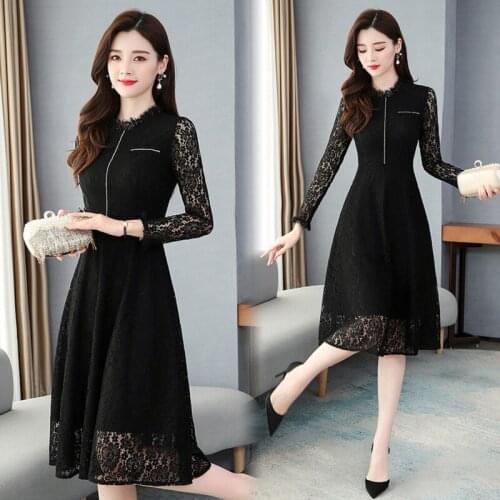 Lace Sexy Midi Dresses 2021 Long Sleeve Dress Elegant Women Vintage Female Black Spring Summer Plus Size Bodycon Party Vestidos
