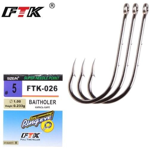 FTK Carp Hooks High Carbon Steel 8Pcs-10Pcs/Pack size 5#-16# Super Needle Point and Ring Eye BAITHOLER For Fishing Tackle