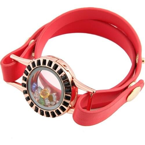 Top Selling 5PCS/lot Round Floating Locket Bracelet with Black Rhinestone Multilayer Leather Bracelets