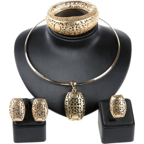 Fashion Gold Color Necklace Bangle Earring Ring, Women Indian elegant wedding for party Dubai Fashion beads Jewelry Sets