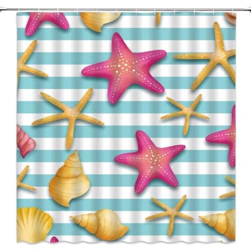 Cartoon Shower Curtains Starfish and Conch White and Blue Stripes Background Ocean Animal Bathroom Decor Cloth Hanging Curtain