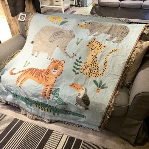 Cartoon Zoo Throw Blanket for Sofa Decoration Thick Children Room Play Mat Animal Lion Tiger Knitted Tapestry Rug Cloth Carpet