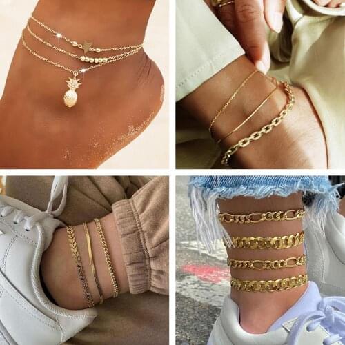 New Star Pineapple Anklet Set Fashion Anklets For Women 3pcs/set Multilayers Adjustable Anklet Bracelet On Leg Foot Beach Jewel