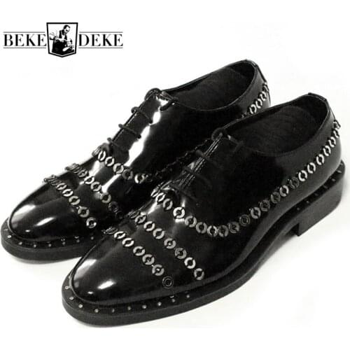 New Gothic Copper Rings Handmade Italian Runway Patent Genuine Leather Shoes Men Wedding Party Male Formal Dress Shoes Plus Size