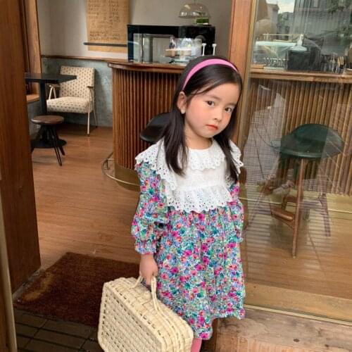 Autumn New Arrival Korean style cotton flowers pattern long sleeve princess dress with big lace collar for cute sweet baby girls