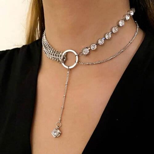 Boho Silver Color Exaggerated Punk Large Crystal Chain Cube Pendant Necklace For Women Female Fashion Multilevel Collar Jewel