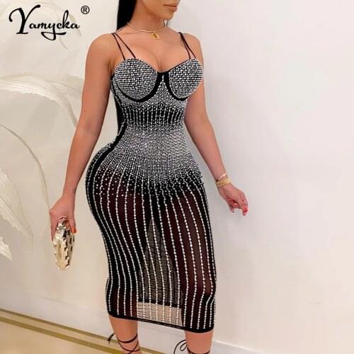 Sexy See Through Rhinestone club vintage Maxi summer corset dress women evening prom party dresses Black casual bodycon dress HL