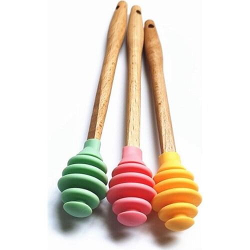 Silicone Honey Dipper Sticks Wooden Handle Dippers Stirrer for Stirring Mixing Honey Jam Syrup Honey Spoon Rod Bar Kitchen Tools
