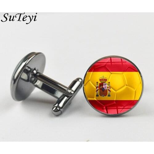 SUTEYI Spain Flag Football Mark Cufflinks Quality Cabochon Glass Design Men Boyfriend Classic Cuff Links Wedding Gifts Jewelry