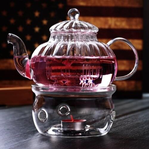 600ml Striped Glass Teapot Set Heat-resistant Transparent Glass Teapot Set Glass Warm holder Office Glass Tea Tools