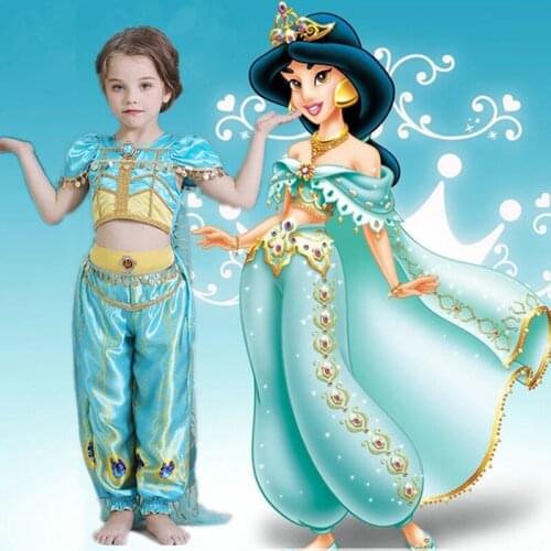 Christmas Halloween Party Girls Fancy Dress Aladdins Lamp Princess Jasmine Cosplay Costume Tops+Pants+Cloak 3 Pieces Set DL6043