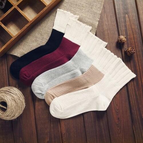 Women Solid Cotton Socks Girls Turned Cuff Socks Winter Socks Ribbed Ivory Ankle Socks Grey Crew Sock Black Red Sock 5 pairs/lot