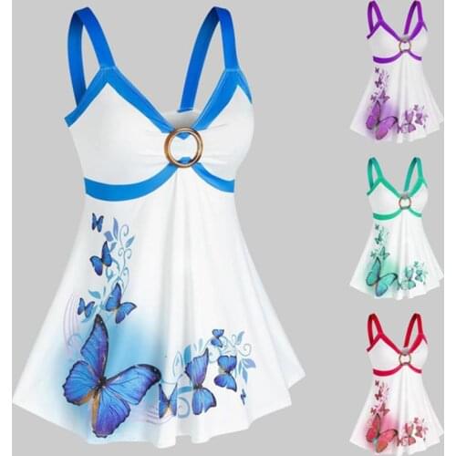 Women Sleeveless Top Shirts Elegant Ladies Vests Summer Casual Butterfly Print Tanks O Ring Plus SIze Strappy ladies Vest Top