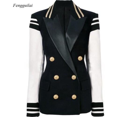 New Fashion 2021 Stylish Blazer Varsity Jacket Womens Leather Sleeve Patchwork Lion Buttons Blazer
