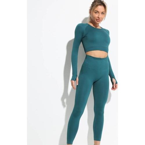 Cutom Logo Seamless Women Yoga Set Workout Sportswear Gym Clothing Fitness Long Sleeve Crop Top High Waist Leggings Sports Suits
