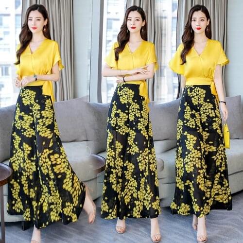 New Two Pieces sets Elegant Women Sets 2021 Summer solid tops and flowers wide leg long trousers Suits