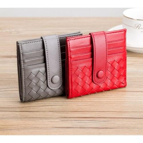 Hand woven Women wallet ID Credit Card Case Coin Holder Sheepskin Leather Wallet Thin Mini Purse Hasp Card Holder Purse Pockets