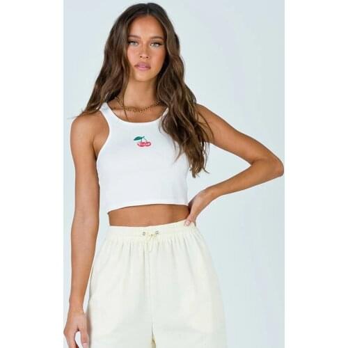 Ladies Summer Sexy Midriff-baring Camisole Girls Creative Cherry Printing Round Collar Sleeveless Tops Slim Base Shirt