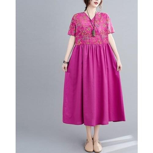 Women Vintage Cotton Linen Long Dress New Arrival 2021 Summer Chinese Style Patchwork Print Loose Female Casual Dresses S3033