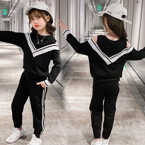 Girls Suits Sweatshirts + Dress 2pcs Kids Cotton Tracksuit 2021 Stripe Spring Autumn Uniforms Sport Teenagers Outwear Children S