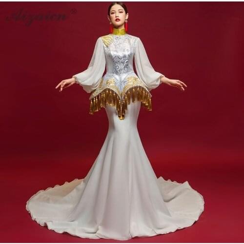 White Fashion Trailing Cheongsam Modern Tassel Long Evening Dress Qipao Oriental Style Dresses Stage Show Chinese Party Gown