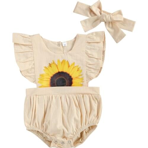 0-24M Summer Cute Baby Girls Boys Bodysuits Sunflowers Print Ruffles Short Sleeve Backless Jumpsuits Headband