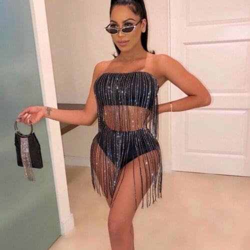 Diamonds Tassel Patchwork 2 Piece Set Women Sexy Bandeau Crop Tops Vest High Waist Panty Matching Suits Night Clubwear Outfits