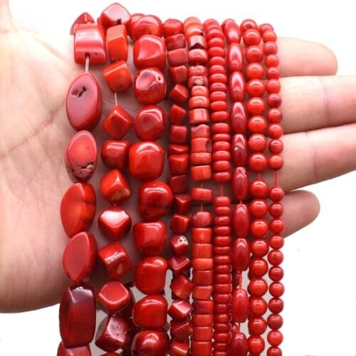 Natural Stone Red Coral Beads Irregularity Geometry Round Square Shape Spacer Beads For Jewelry Making DIY Bracelet Necklace