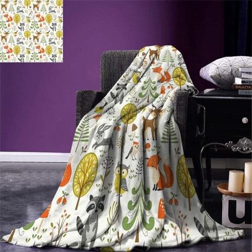 Kids Throw Blanket Woodland Forest Animals Trees Birds Owls Fox Bunny Deer Raccoon Mushroom Home and Warm Microfiber Blanket