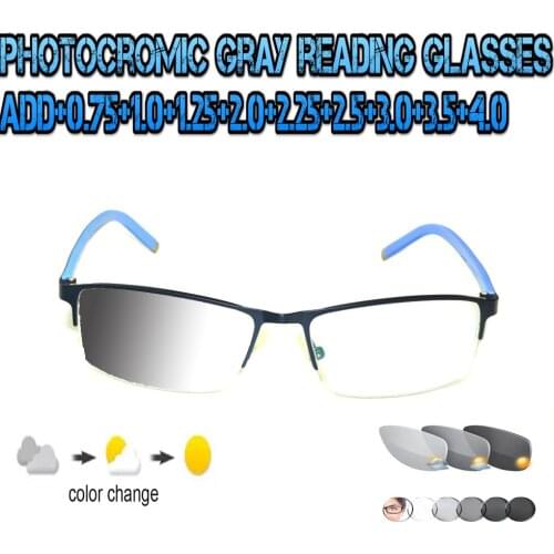 Photochromic Gray Reading Glasses Ultralight Trend High Quality Fashion Men Women blu metal frame +0.75 To +4.0