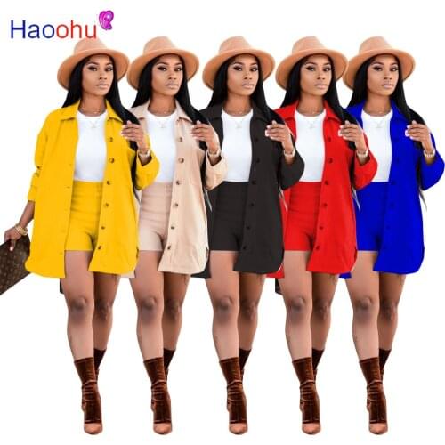 HAOOHU Casual Two Piece Set Long Sleeve Button Long Coat Shorts Fall Winter Clothes Birthday Outfits for Women Streetwear