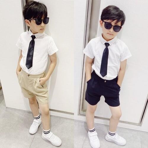 Boys Girls Formal Summer White Shirt+Short+Tie 3Pcs Clothing Set Gentleman Kids Children Performance Graduation Dress Suit