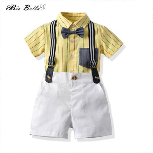 Baby Boy Suit 2020 Summer Brand Infant Clothing Yellow Striped Short Sleeved Shirts Tops Bibs Pants Gentle Boy Suits