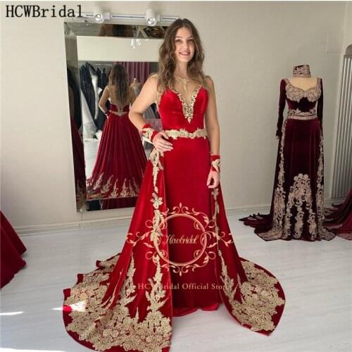 Red Mermaid Arabic Prom Dresses Long Sleeve See Through Gold Lace Velvet Formal Dress With Detachable Train Customize Women Gown