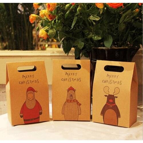 Cute Christmas Santa Claus Elk Bear Kraft Paper Candy Box Holder DIY Biscuit Gift Box Cookies Boxes Christmas Party Handbag Box